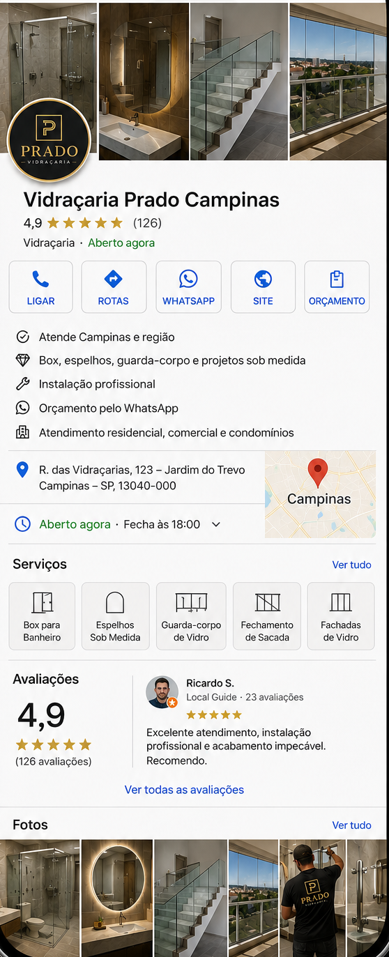 Google Meu Negócio organizado de uma vidraçaria